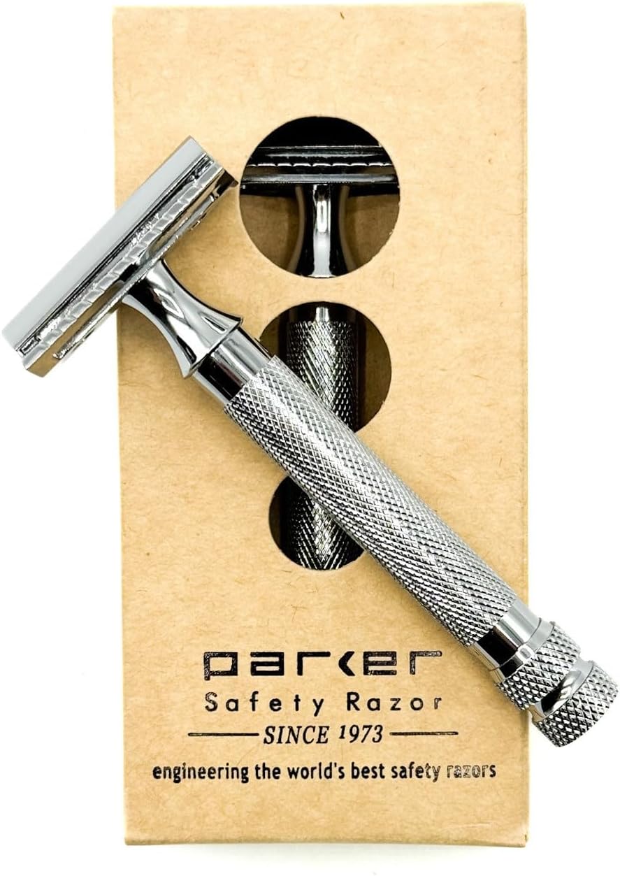 Parker 91R Heavyweight Long Handle Safety Razor – Classic 3-Piece Double Edge Razor for Smooth, Close Shaves – Brass Frame with Textured Chrome Finish – Compatible with All DE Razor Blades