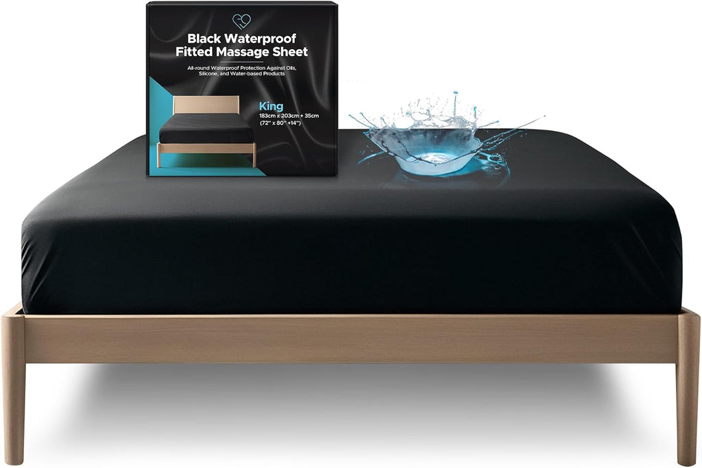King Waterproof Fitted Sheet, 14'' Deep Pocket, 100% Black Mattress Protector, Safe with Oil, Water-Based, & Silicone-Based Massage Products, Machine Washable, Noiseless, Hypoallergenic
