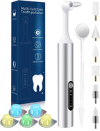 Tooth Polisher, Electric Rechargeable Teeth Polishing Kit with LED Auxiliary Light, 6 Brush Heads & 5 Polish Paste, 4 Modes, IPX6 Waterproof, Easy to Use Tooth Polishing Tool for Home（Sliver）