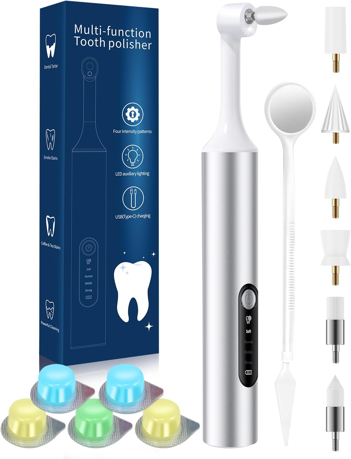 Tooth Polisher, Electric Rechargeable Teeth Polishing Kit with LED Auxiliary Light, 6 Brush Heads & 5 Polish Paste, 4 Modes, IPX6 Waterproof, Easy to Use Tooth Polishing Tool for Home（Sliver）