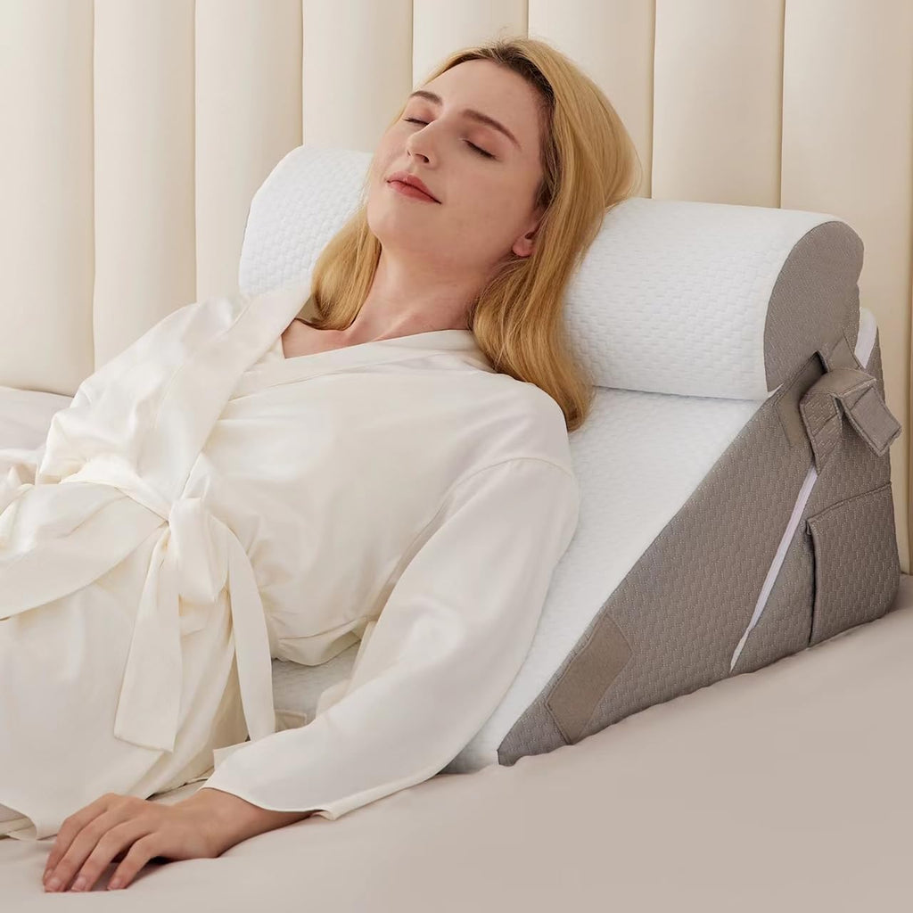 Wedge Pillow Set for After Surgery, Wedge Pillow for Acid Reflux, Bed Wedge Pillow with Adjustable 9&12inch for Headboard,Sleeping, Orthopedic Memory Foam for Neck&Back Support, White/Grey