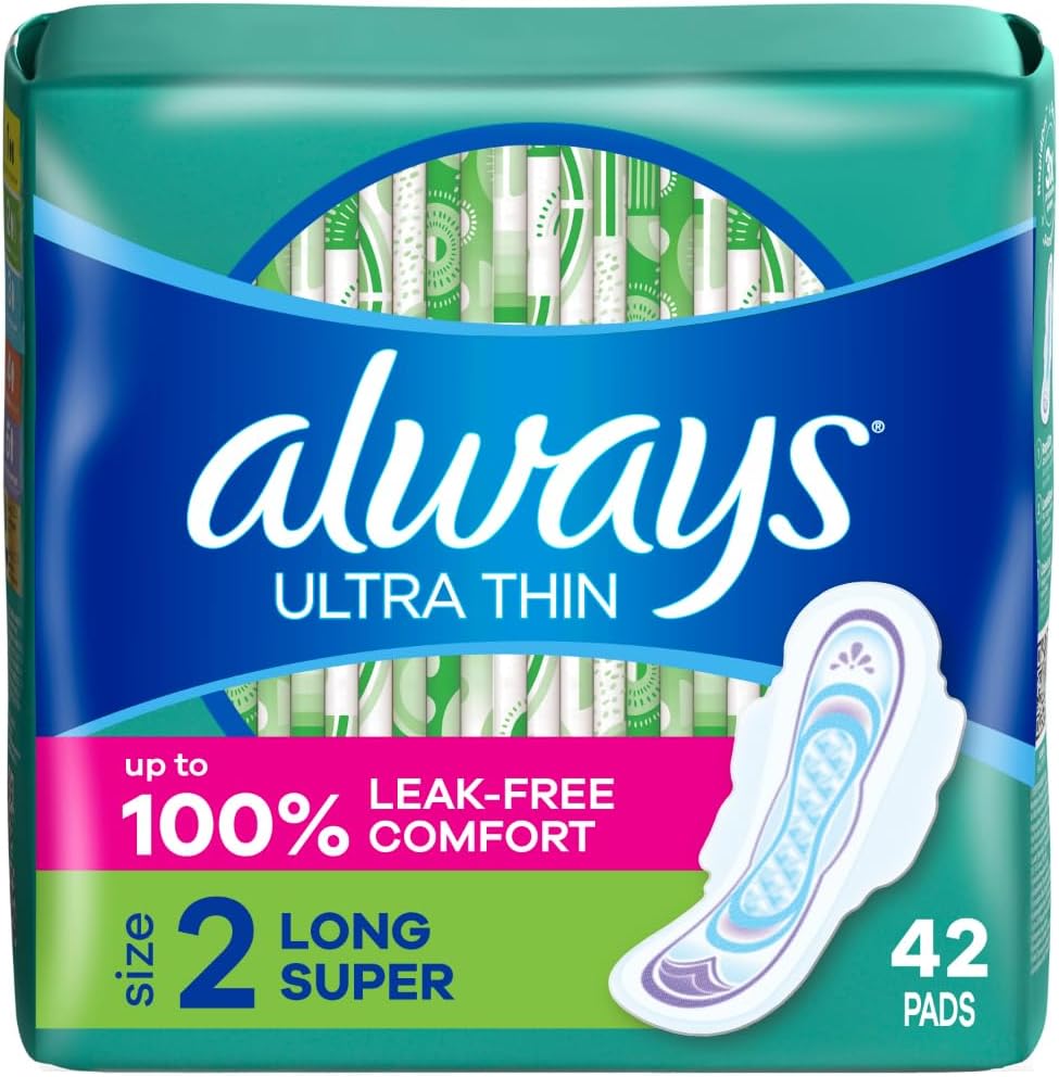 Always Ultra Thin, Feminine Pads For Women, Size 2 Long Super Absorbency, With Wings, Unscented, 42 Count