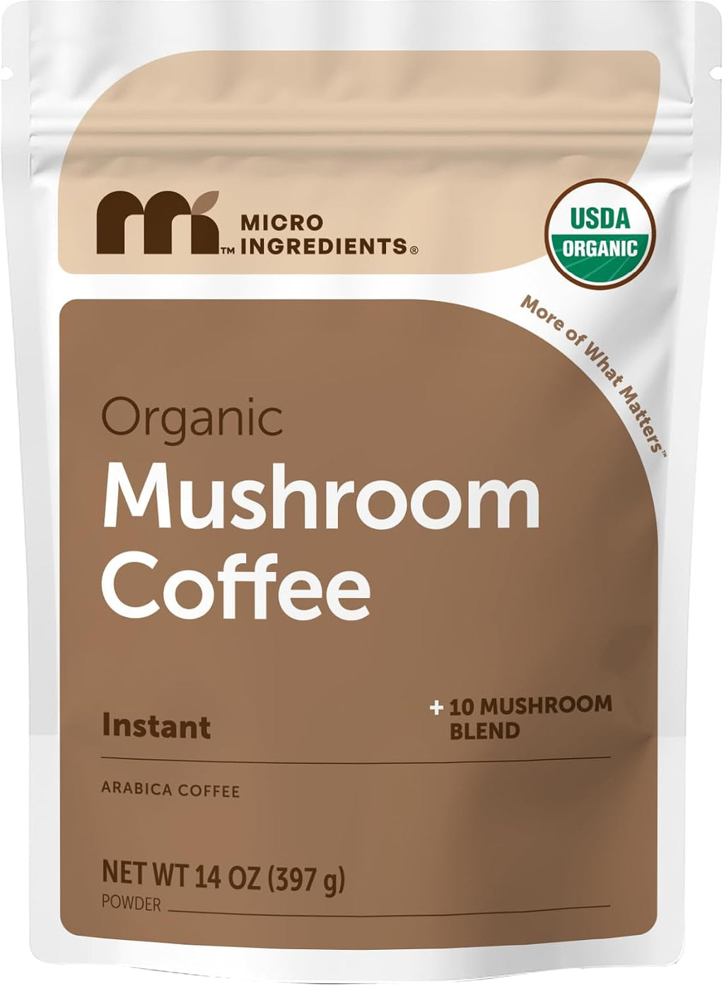 Organic Instant Mushroom Coffee, 14 oz | Medium Roast Arabica | 10-Mushroom Blend with Lion’s Mane, Reishi, Chaga, & More | Certified Organic | Gluten, Dairy, Soy & Tree Nut Free