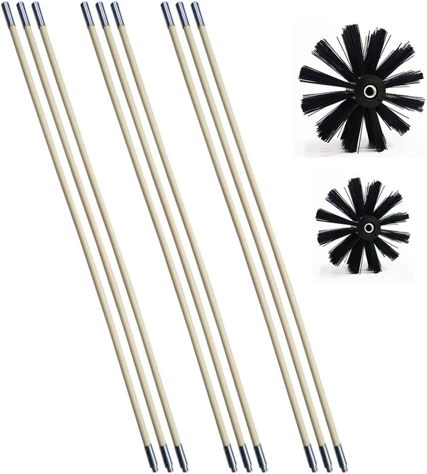 Chimney Cleaning Brush Dryer Duct Cleaner 2-in-1 Kit Fireplace Drier Vent Lint Sweeping Tools 18’ Flexible Rods Rotary System Working with or Without Drill