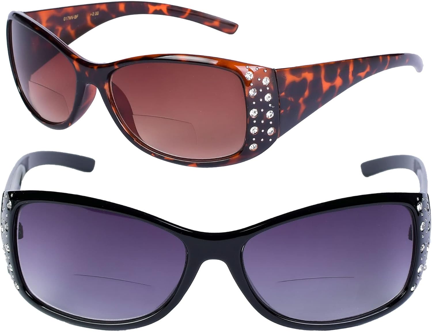 Mass Vision 2 Pair of Women's Fashion Bifocal Reading Sunglasses with Rhinestones - Microfiber Carrying Cases Included