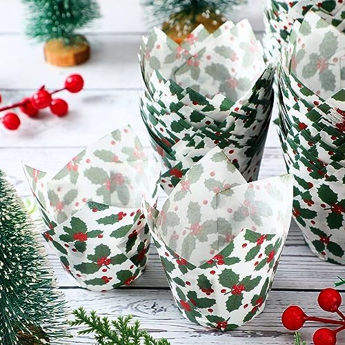 Uiifan 200 Pcs Holly Christmas Tulip Cupcake Liners Christmas Cupcake Wrappers Holly Muffin Liners Holders Tulip Wrappers for Party Decoration