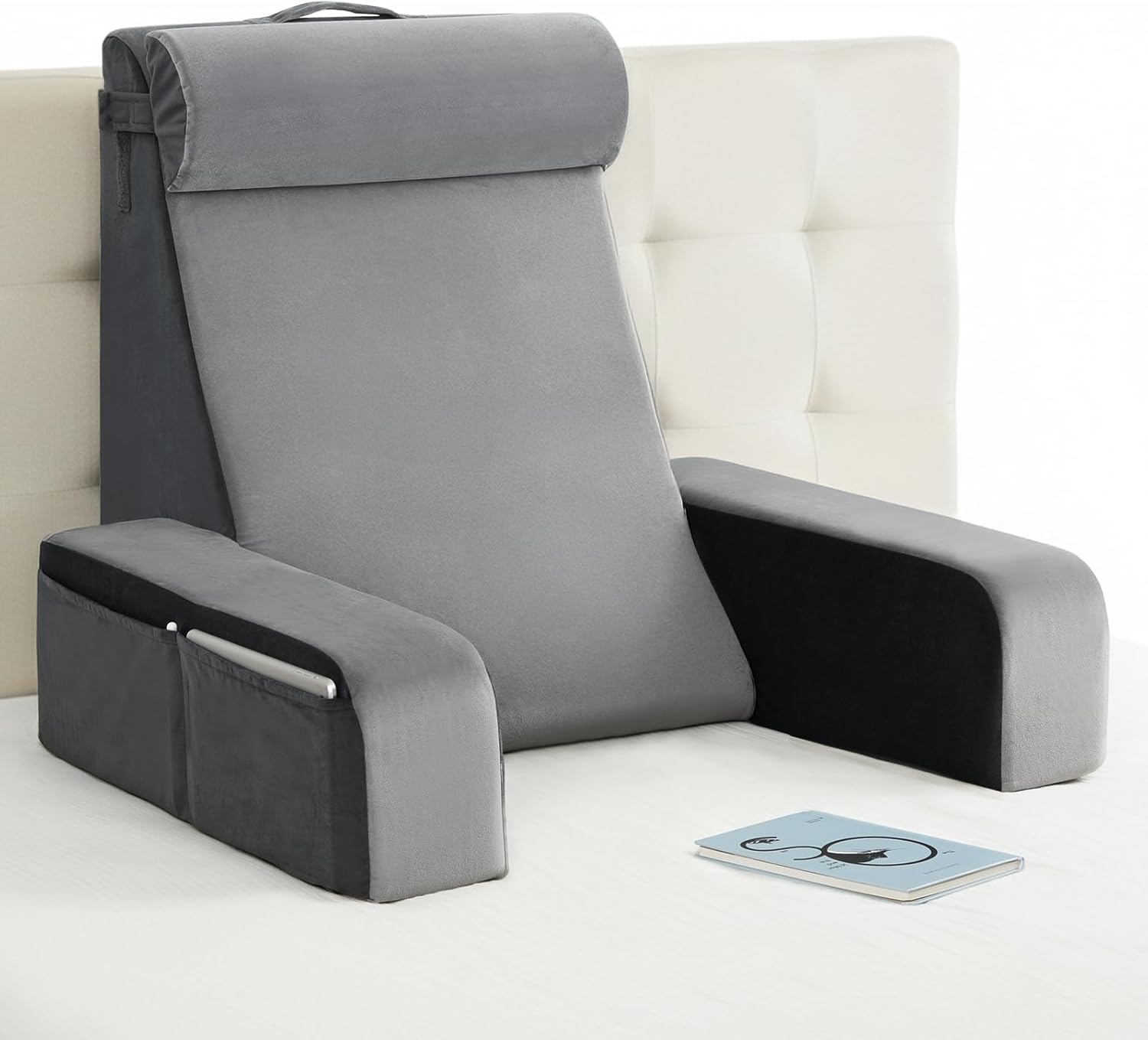 Vekkia 25" Extra-Large Reading Pillow for Tall Adults – 60° Ergonomic Wedge Back Pillow with Built-in Armrests, Adjustable Headrest & Large Pockets – Ideal for Sitting in Bed, Reading, TV, and Gaming