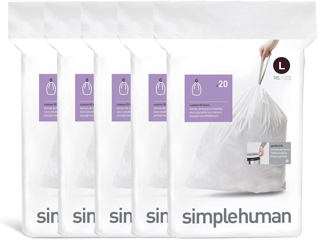 simplehuman Code L 100 Count, Dispenser Pack Custom Fit Liners, Drawstring Trash Bags, 18 Liter / 4.7 Gallon, White