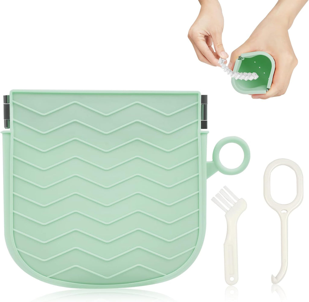 Silicone Retainer Case with Hanging Ring Cute Retainer Holder Dental Thin Container Braces Case with Vent Holes Aligner Cleaner Brush Portable Travel Partial Denture Night Mouth Guard (Green)