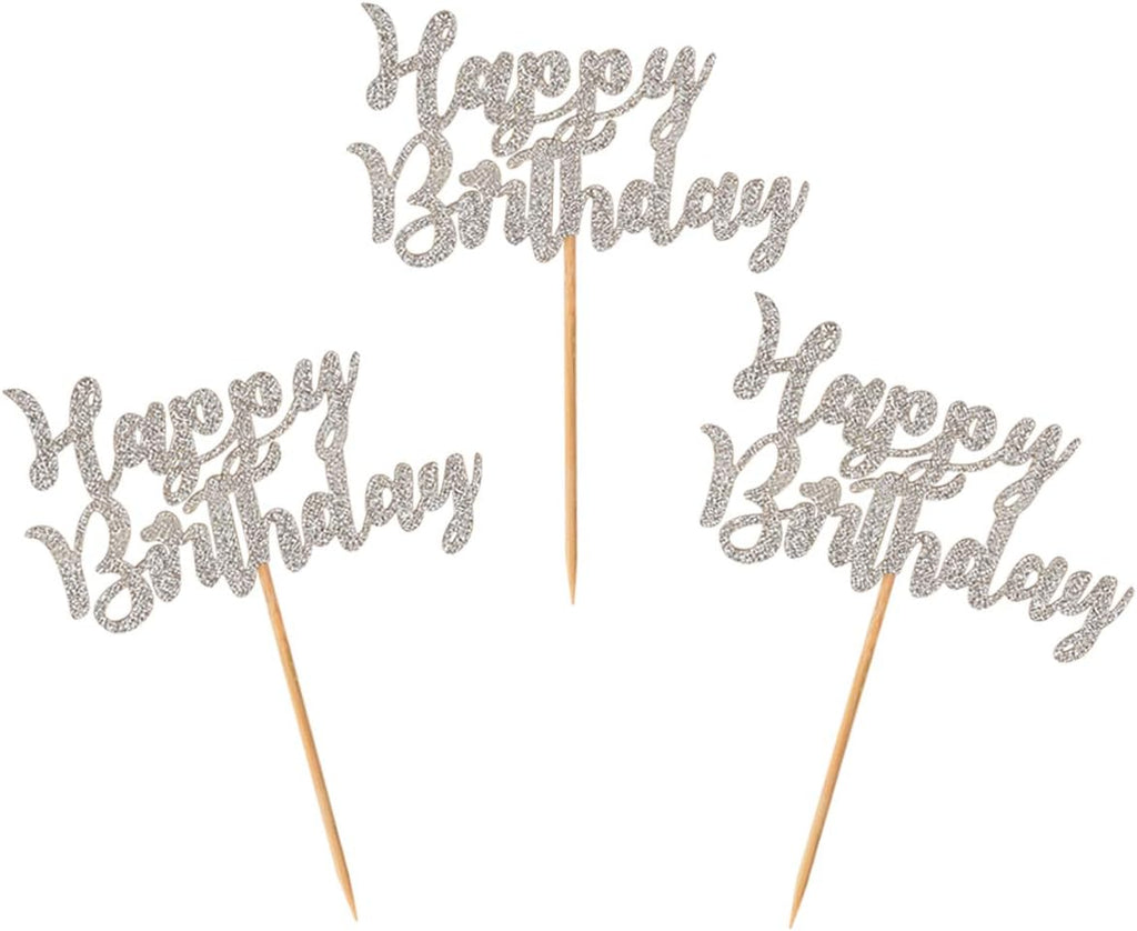 Donoter 24 Pcs Glitter Silver Happy Birthday Cupcake Toppers Cake Picks for Birthday Party Decoration Supplies