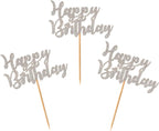 Donoter 24 Pcs Glitter Silver Happy Birthday Cupcake Toppers Cake Picks for Birthday Party Decoration Supplies