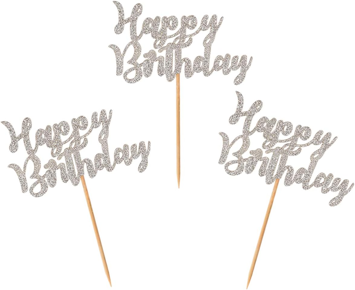 Donoter 24 Pcs Glitter Silver Happy Birthday Cupcake Toppers Cake Picks for Birthday Party Decoration Supplies
