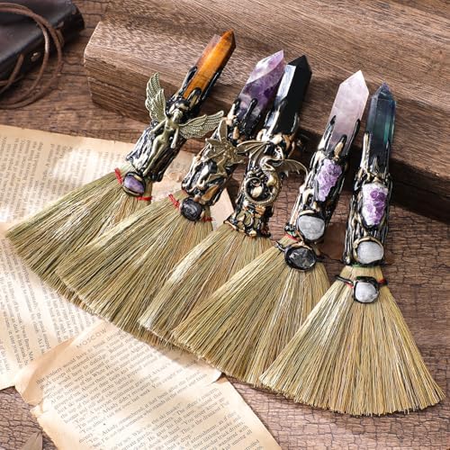 RENEMEGO Crystal Witch Altar Broom - Witchcraft Supplies with Amethyst Wiccan Stuff Broomstick with Natural Healing Crystals Hexagonal Points Pagan Fengshui Reiki Energy Clearing Gift