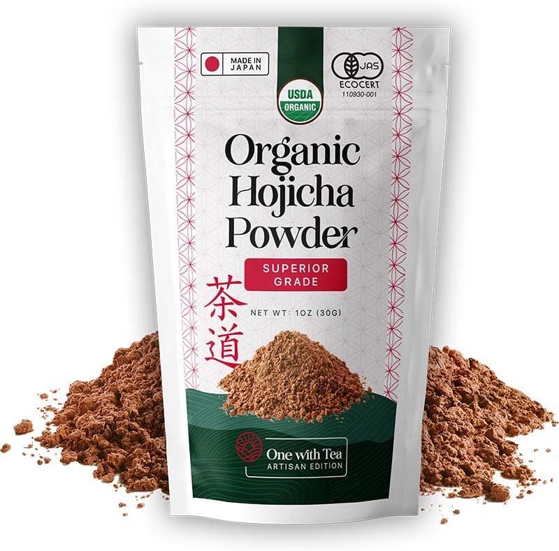 One With Tea Organic Hojicha Powder, Roasted Japanese Green Tea Powder, Stone Ground, Low Caffeine, Smooth Flavor, 2 oz (60g), Perfect for Latte & Iced Drinks