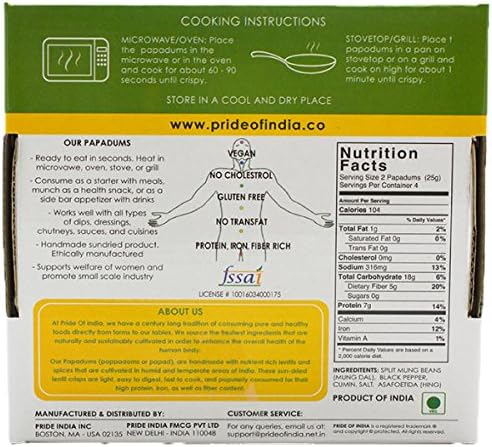 Pride Of India - Mung Bean Plain Papadum Lentil Crisp, 10 count (3.53oz - 100gm) - Plant Based Protein Snack, Gluten-Free Vegan Crackers, Healthy Bean Chips, Traditional Handmade Indian Low Carb Food