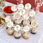 Cheereveal 36 PCS Baptism Cupcake Toppers Pink Gold, God Bless Cross Cupcake Picks First Holy Communion Christening Cupcake Decorations, Christian Religious Baby Shower Birthday Party Supplies