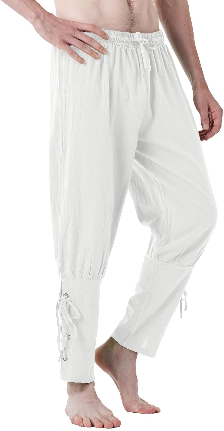 JEMITOP Men's Pure Cotton Vintage Ankle Banded Pants for Renaissance Pirate Viking Medieval Costume