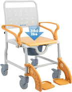 4-in-1 Rolling Shower Chair with Wheels for Elderly – Shower Commode Chair with Bucket & Locking Casters, Bedside Toilet Riser for Seniors, Easy-to-See Safety Design, Orange