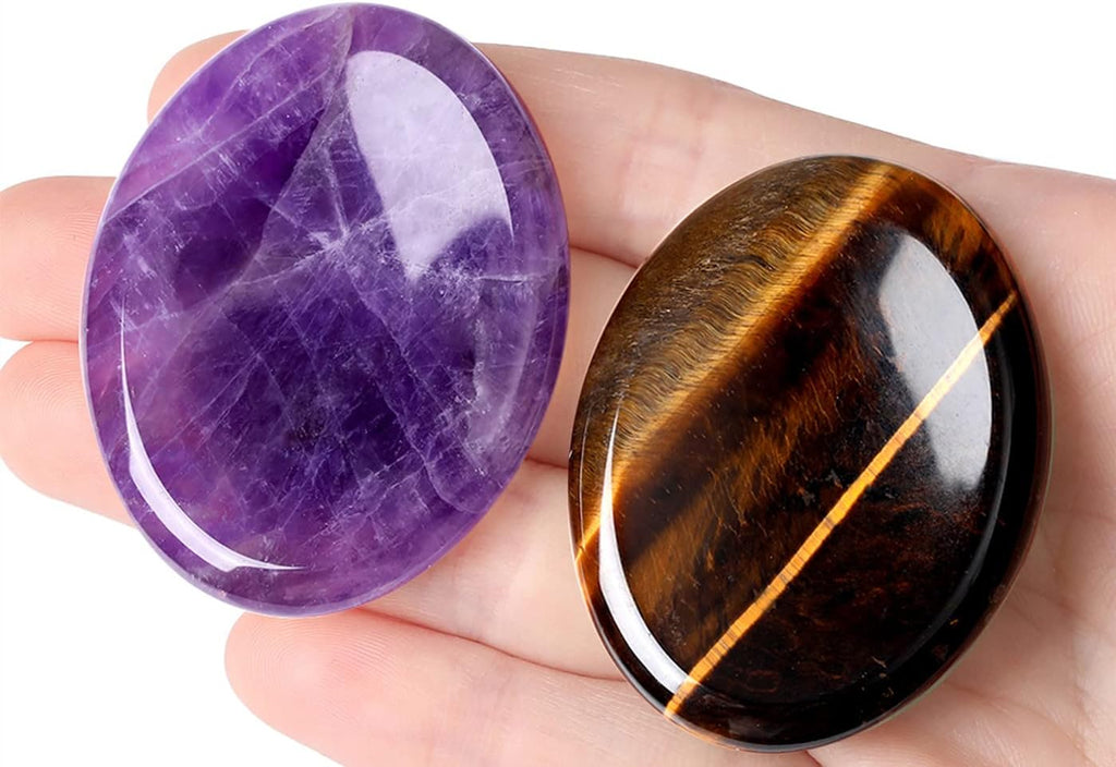 2PCS Worry Stone for Anxiety Tigers Eye Amethyst Healing Crystals Hand Thumb Stones Pocket Gemstones Meditation Accessories Oval Crystal Natural Relax Palm Stone Anxiety Relief Items Stocking Stuffers