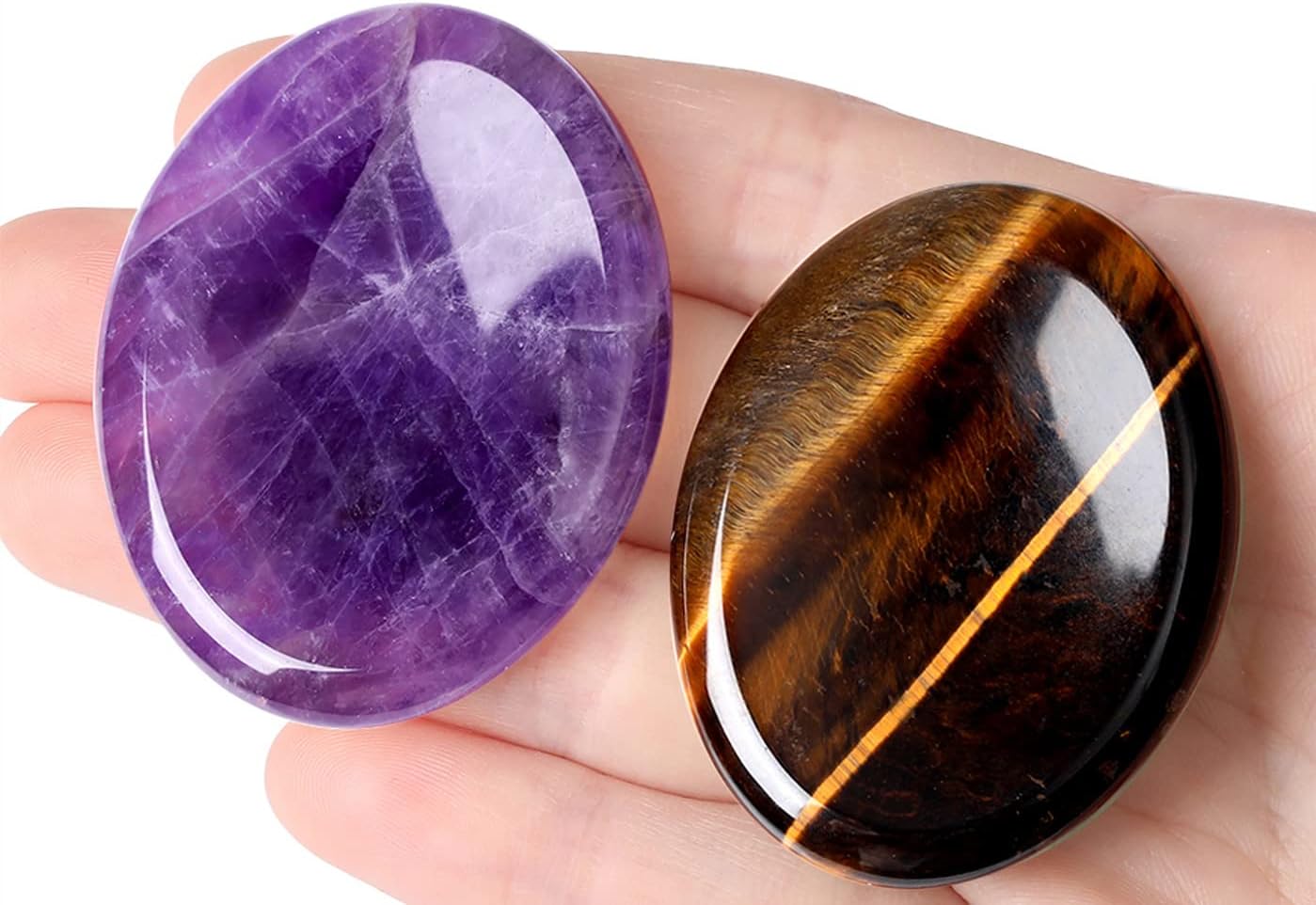 2PCS Worry Stone for Anxiety Tigers Eye Amethyst Healing Crystals Hand Thumb Stones Pocket Gemstones Meditation Accessories Oval Crystal Natural Relax Palm Stone Anxiety Relief Items Stocking Stuffers