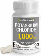 High Potency Potassium Chloride 1000mg Potassium Supplement – Supports Electrolyte Balance, Heart, Muscle & Nerve Health | Vegan, Non-GMO, Gluten-Free – 90 Capsules