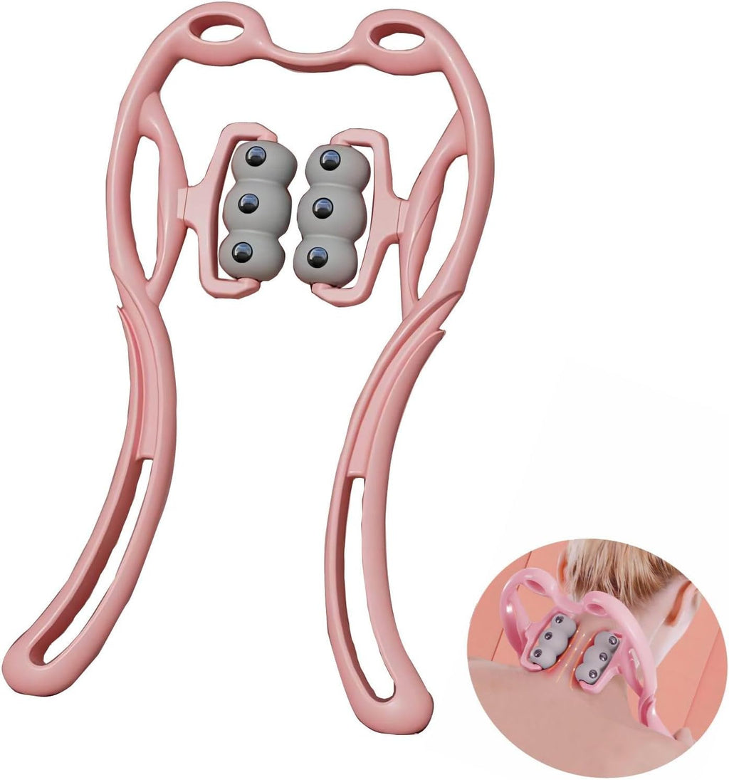Manual Cervical Neck Massager,With 6 Wheels And 12 Magnets, It Can Be Used To Massage The Cervical Spine, Waist And Legs, Relieve Pain, Prevent Muscle Relaxation, And Promote Blood Circulation. (Pink)