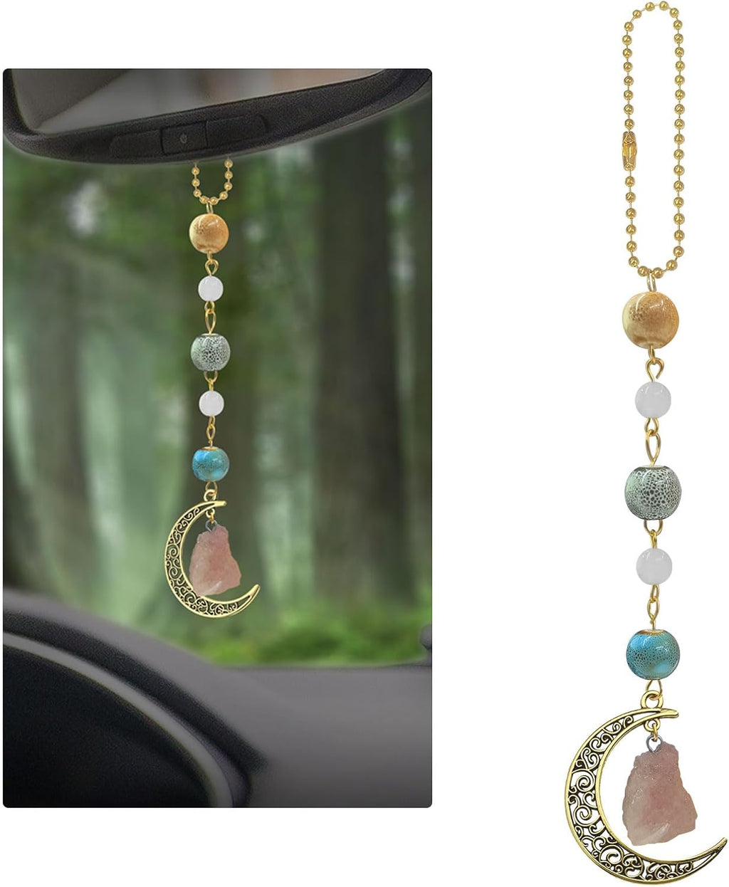 Sosolong Boho Moon Hanging Car Charm, Crystal Rearview Mirror Pendant, Car Decor for Women, Cute Ceramic Accessory