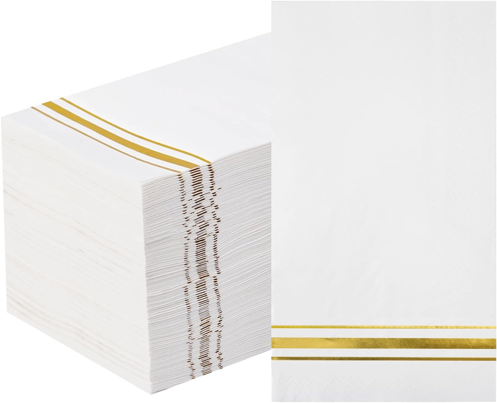 100 3-Ply Gold Napkins Disposable Elegant Dinner Paper Napkins, White and Gold Foil Guest Napkins Hand Towels for Bathroom Wedding Kitchen Birthday Parties