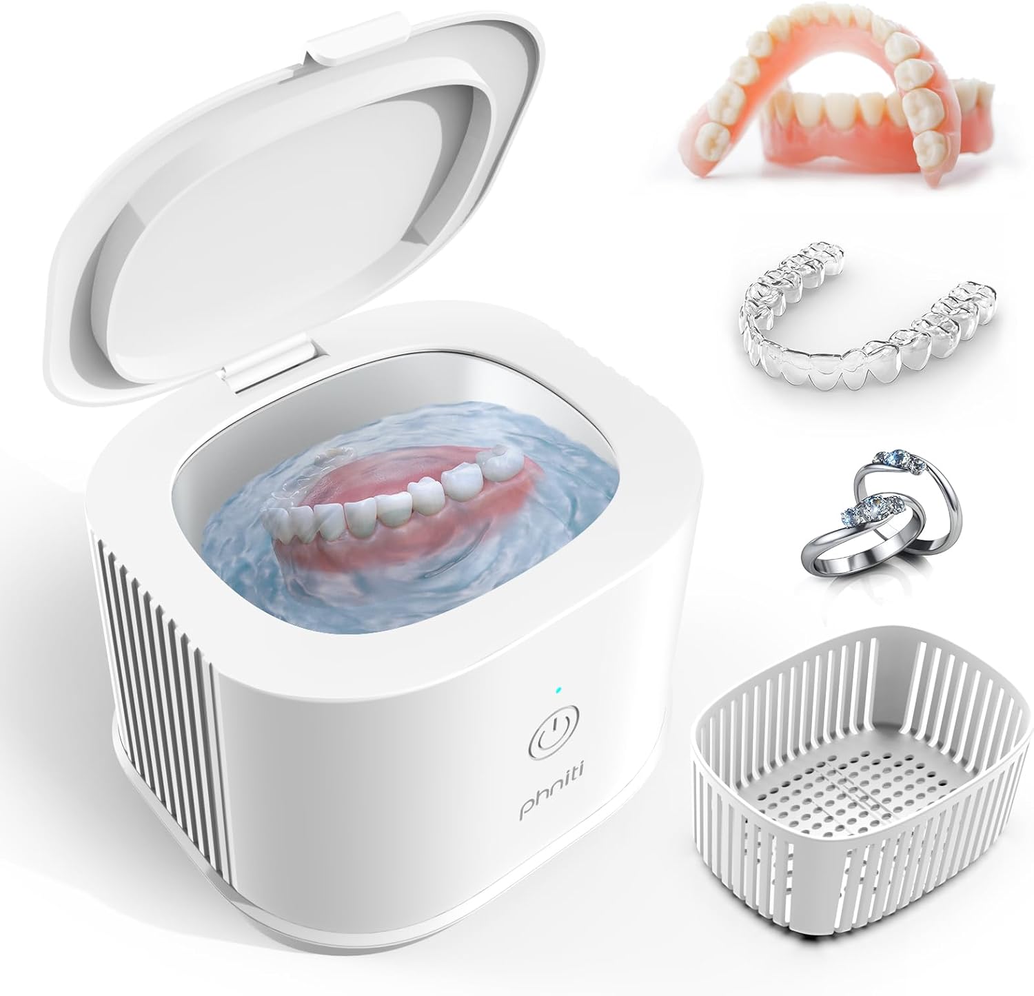 Phniti Retainer Cleaner Machine, 46kHz Professional Portable Ultrasonic Jewelry Cleaner for Dental Use, Mouth Guard, Watch, Ring, Jewelry Cleaners Machine - Household Use, White