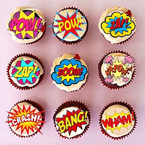 Precut Edible Wafer Paper SUPER HERO WORDS Action 48X CHOCKACAKE Avengers Marvel Cake Cupcake Wedding Superhero Topper Decoration Party Wedding Birthday Engagement