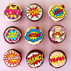 Precut Edible Wafer Paper SUPER HERO WORDS Action 48X CHOCKACAKE Avengers Marvel Cake Cupcake Wedding Superhero Topper Decoration Party Wedding Birthday Engagement