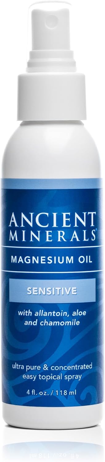 Ancient Minerals Magnesium Oil Spray Sensitive All-New Sensitive Formula with Allantoin, Organic Chamomile, and Organic Aloe Vera (4oz)