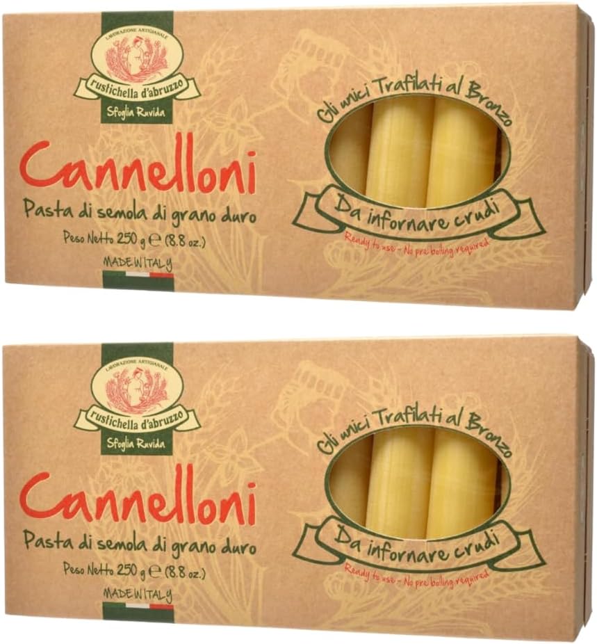 Rustichella d'Abruzzo Cannelloni (2 Pack) - 20 Large Pasta Tubes for Stuffing Per Package - Classic Durum Wheat Pasta from Italy, Perfect for Baking