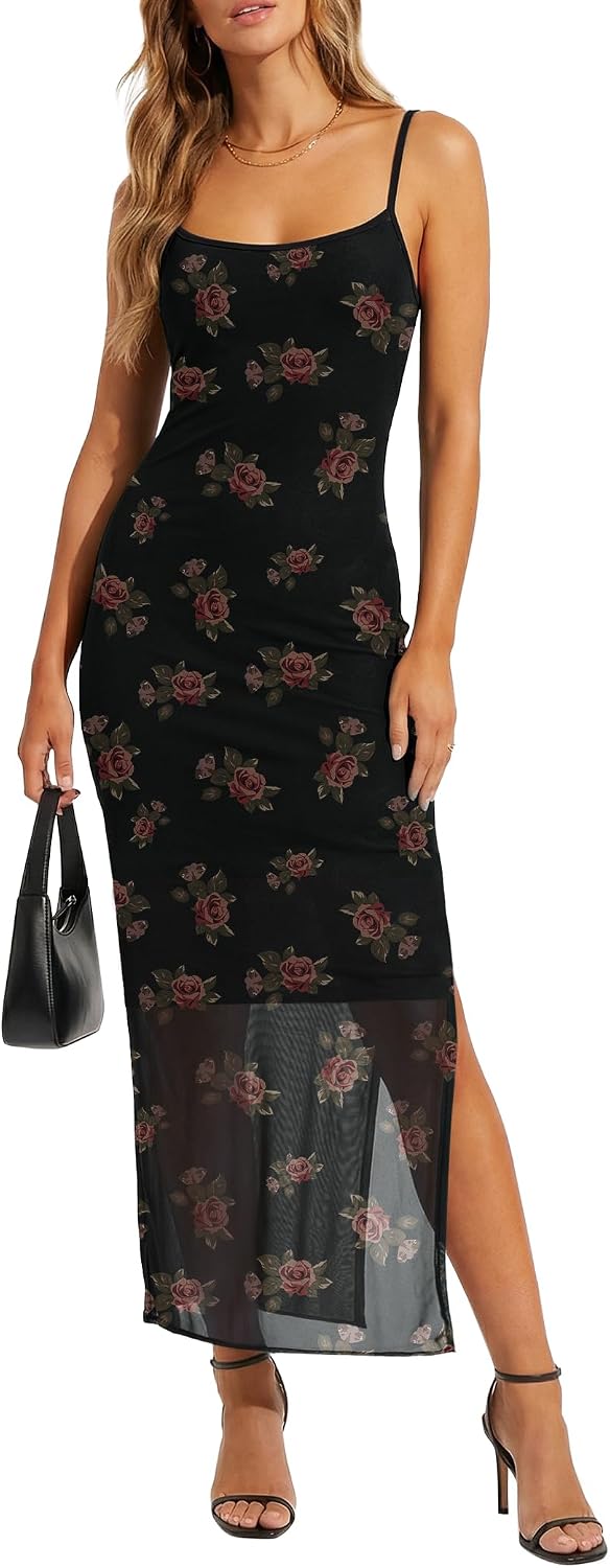 Womens Mesh Floral Midi Dresses Spaghetti Strap Sleeveless Vintage Goth Formal Wedding Guest Bodycon Cami Dress