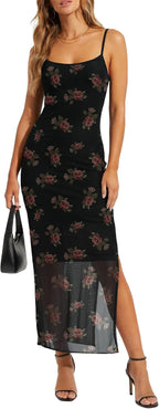 Womens Mesh Floral Midi Dresses Spaghetti Strap Sleeveless Vintage Goth Formal Wedding Guest Bodycon Cami Dress
