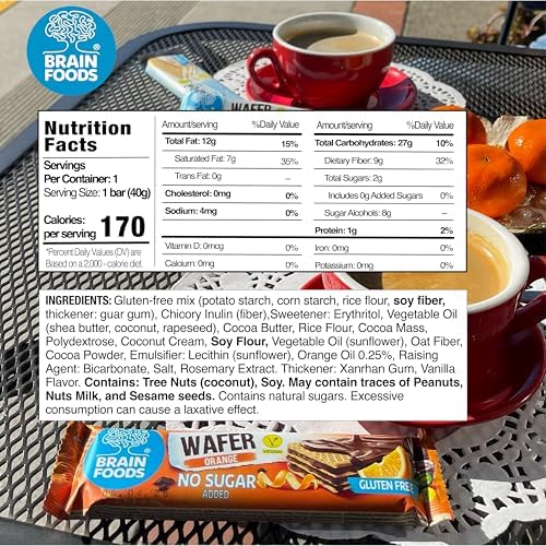 BRAIN FOODS Gluten Free Vegan Chocolate Coated Orange Wafers - 12 Bars, No Sugar Added, High Fiber, No Palm Oil, 1.4 oz, 170 Calories, Guilt Free Snack, Natural Orange Flavor