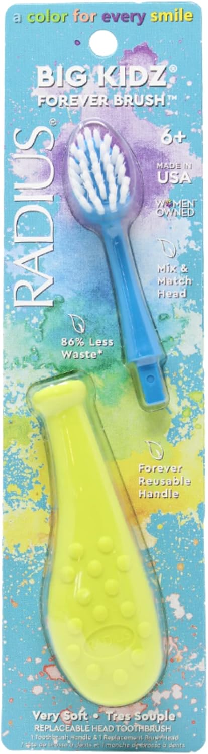 Radius Big Kidz Forever Brush Replaceable Head Toothbrush for Children, 6 Years and Up, BPA Free ADA Accepted for Growing Teeth and Gums - Right and Left Handed, Extra Soft