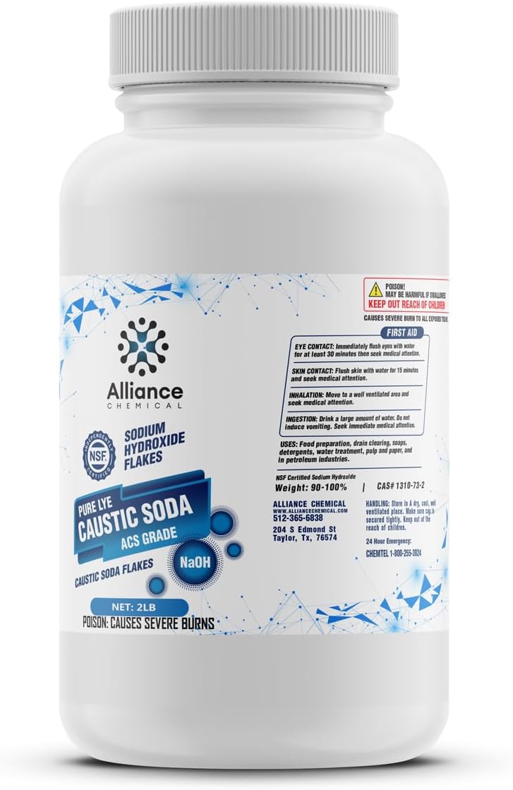 Alliance Chemical Sodium Hydroxide Flakes ACS Grade - 2 Lb - Caustic Soda for Soap-Making, Chemical Reactions, and Professional Laboratories