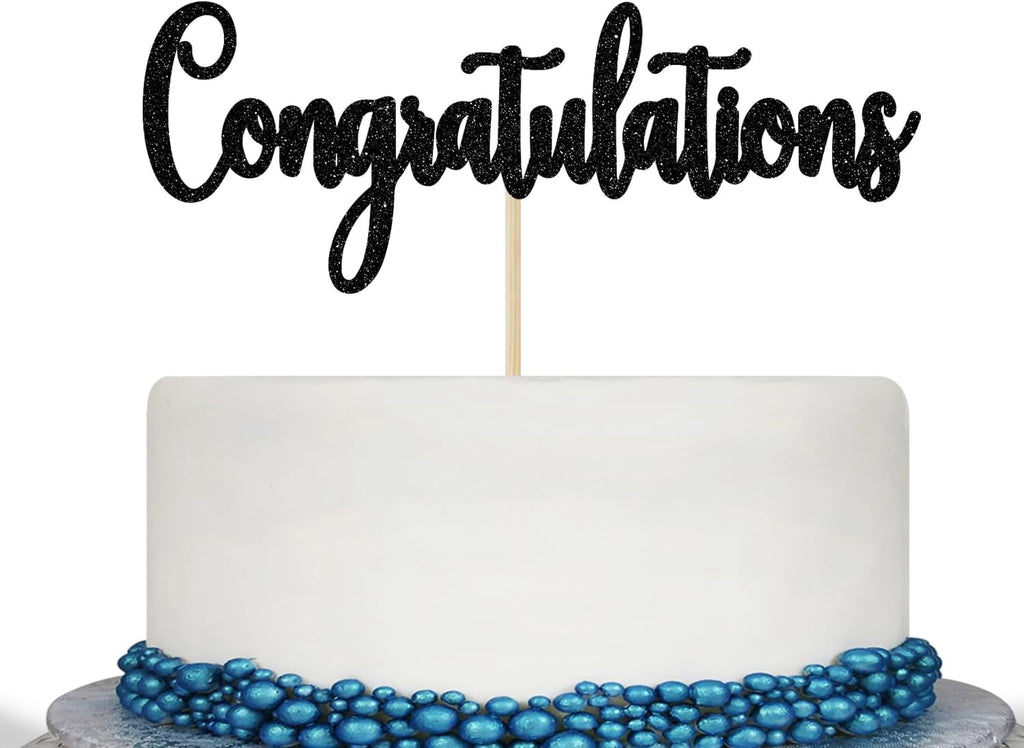 Black Glitter Congratulations Cake Topper - Congrats Cake Topper - Graduation, Wedding, Retirement, Birthday, Anniversary, Celebration Party Decorations