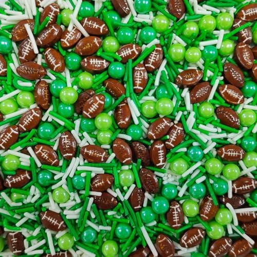Football Sprinkles for Baking, Edible Sugar Pearl Green White Jimmies Sprinkles for Cake Cupcake Toppers Cookie Donuts Ice Cream Toppings