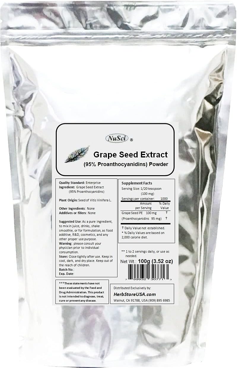 Grape Seed (Europe) Extract Powder Standardized 95% Proanthocyanidins OPC (100 Grams (3.52 oz)) Europe Grown GMO Free Non-Irradiated
