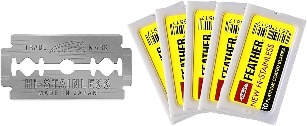 Feather Double Edge Safety Razor Blades - (50 Count) - Platinum Coated Hi-Stainless Steel Razor Blades - Fits Most Safety Razors - Super Sharp for Close Shaves - Japanese Quality
