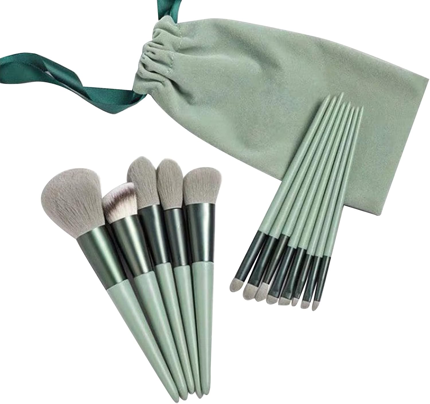 Makeup Brush Kit Soft Fiber Hair, Portable for Daily Travel, 13PCS Brushes for Face Eye Lip, Includes Storage Bag, Green
