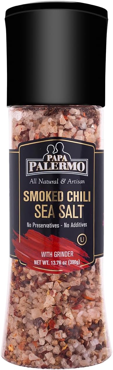 Papa Palermo Smoked Chili Pepper Sea Salt Seasoning with Grinder, Kosher, All Natural, No Additives, 7.2oz