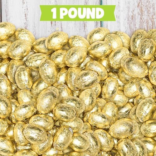 Easter Milk Chocolate Gold Wrapped Eggs Candy - 1 Pound Bulk Individually Foil Wrapped Creamy Milk Chocolate Eggs for Easter Baskets, Candy Dishes, Party Favors & Spring Celebrations
