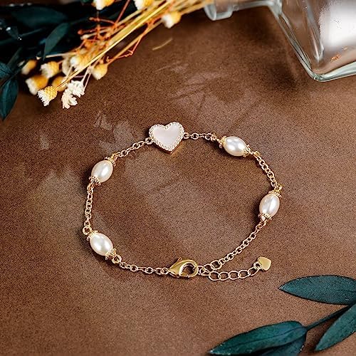Gold Pearl Bracelet for Women, REAL 14K Gold Plated Double Layered Dainty Pearls Bracelet, Elegant Stackable Flower Jewelry Gift for Her with OT Clasp
