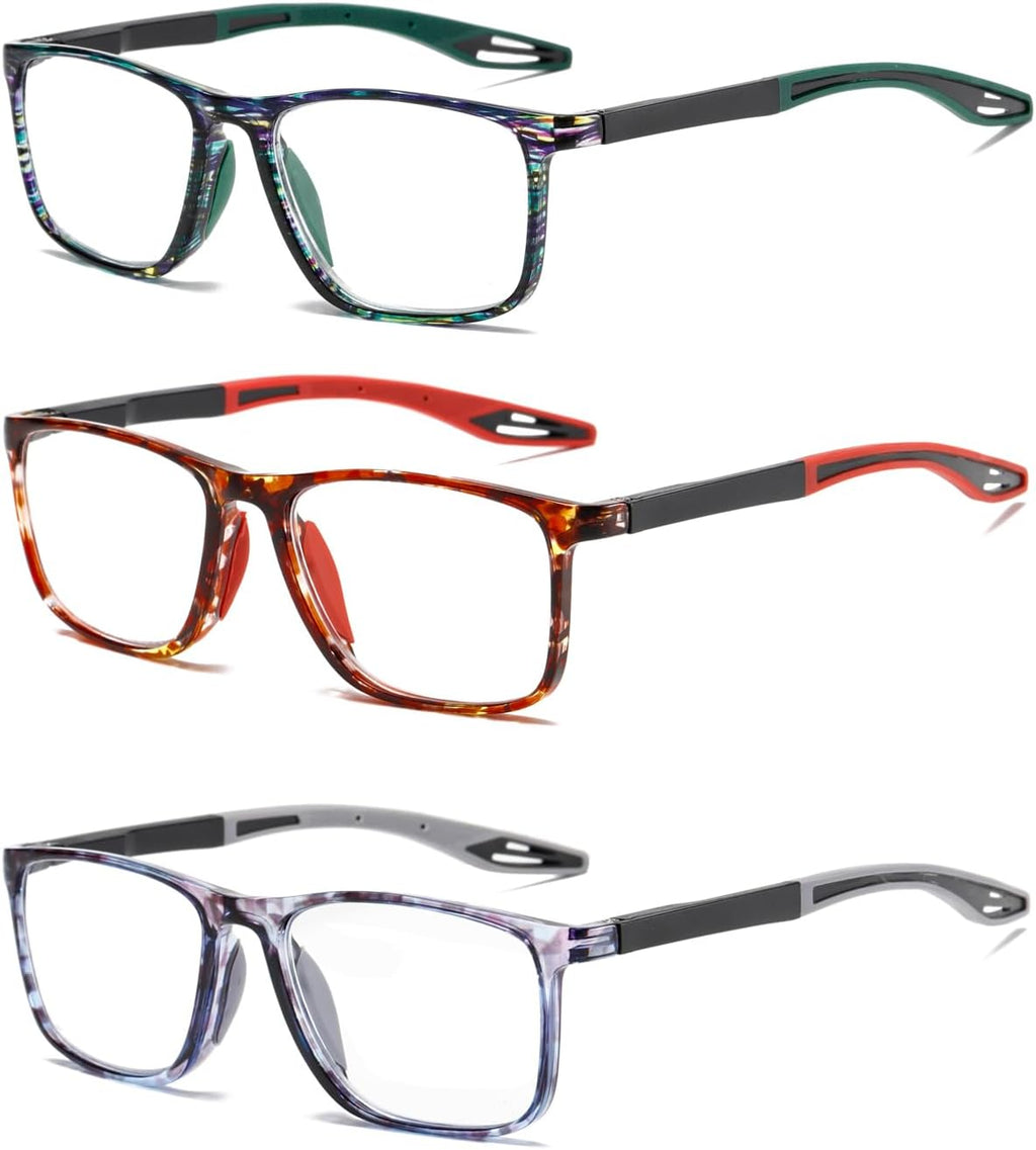 Hubeye TR90 Sports Reading Glasses for Men and Women Ultralight Flexible Anti-Blue Light Readers（Pattern green+Pattern red+Pattern gray，+0.0）