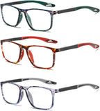 Hubeye TR90 Sports Reading Glasses for Men and Women Ultralight Flexible Anti-Blue Light Readers（Pattern green+Pattern red+Pattern gray，+0.0）