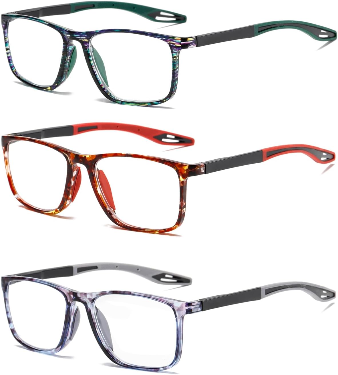 Hubeye TR90 Sports Reading Glasses for Men and Women Ultralight Flexible Anti-Blue Light Readers（Pattern green+Pattern red+Pattern gray，+0.0）