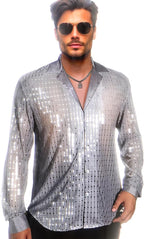 Mens Mesh Sequins See Through 70s Disco Long Sleeve Button Down Shirts